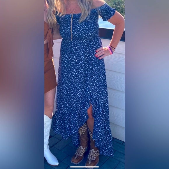 Blue Floral Off the Shoulder Dress - Picture 2 of 5